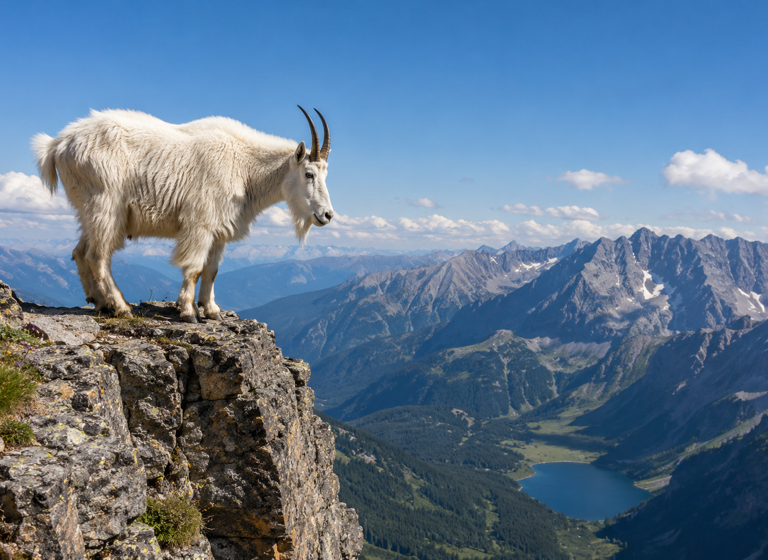 A goat at the edge of the mountain.