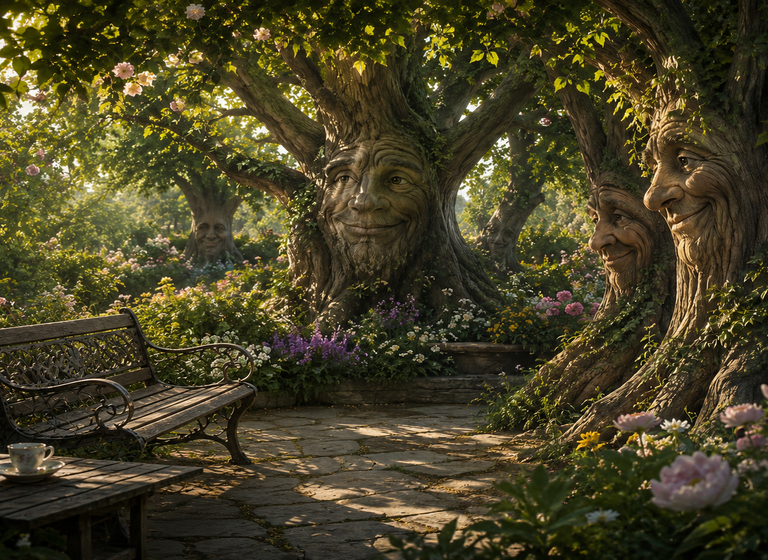 A bench in a garden, with trees that listen.