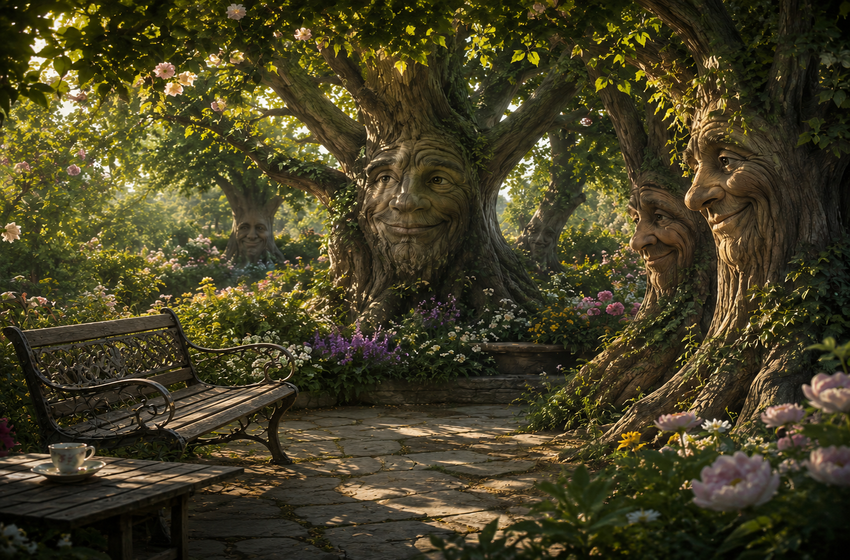 A bench in a garden, with trees that listen.